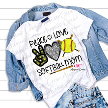 Load image into Gallery viewer, Peace, Love, Softball Mom | Camo| T-Shirt
